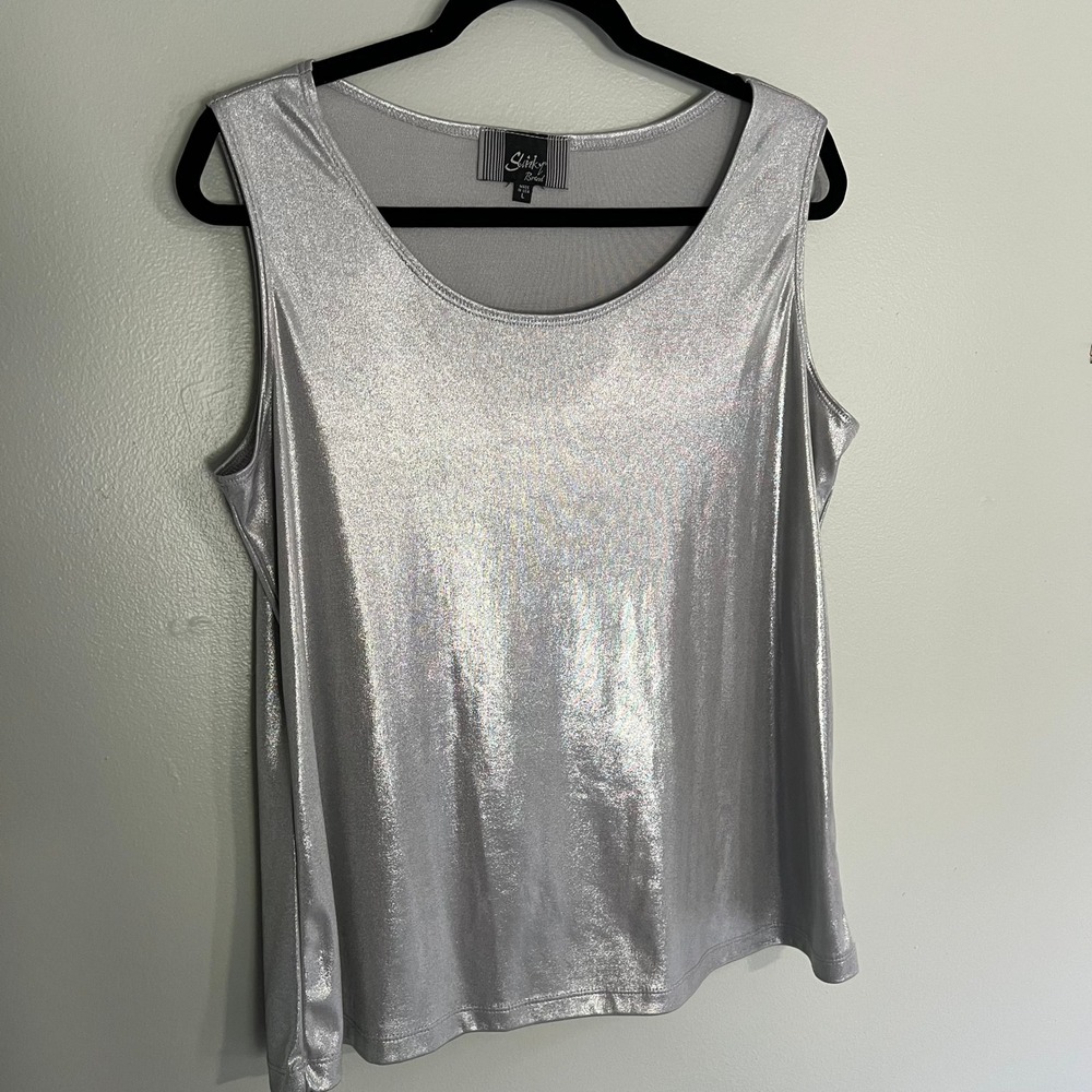 Slinky Brand Metallic Silver Tank Top Scoop Neck Shimmer Shell Sz L futuristic